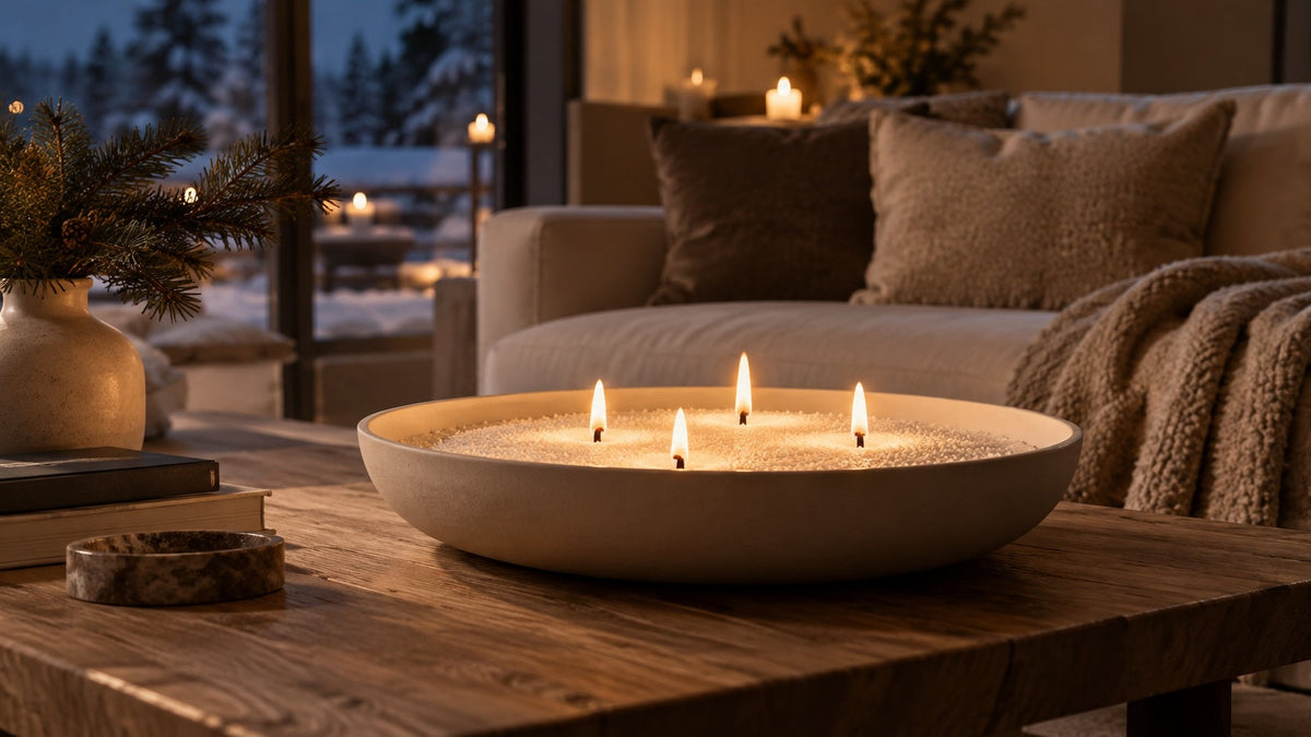 Schtill Kerzenschnee mit Geschenkbox und Kerzenschale für gemütliche Winterstimmung zu Hause