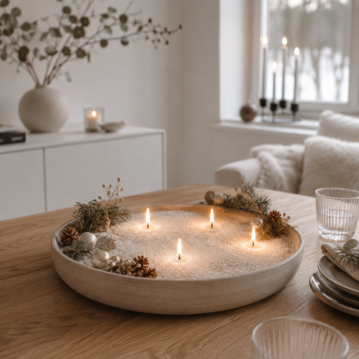 Kerzenschnee in Keramikschale mit vier Flammen als skandinavische Weihnachtsdeko