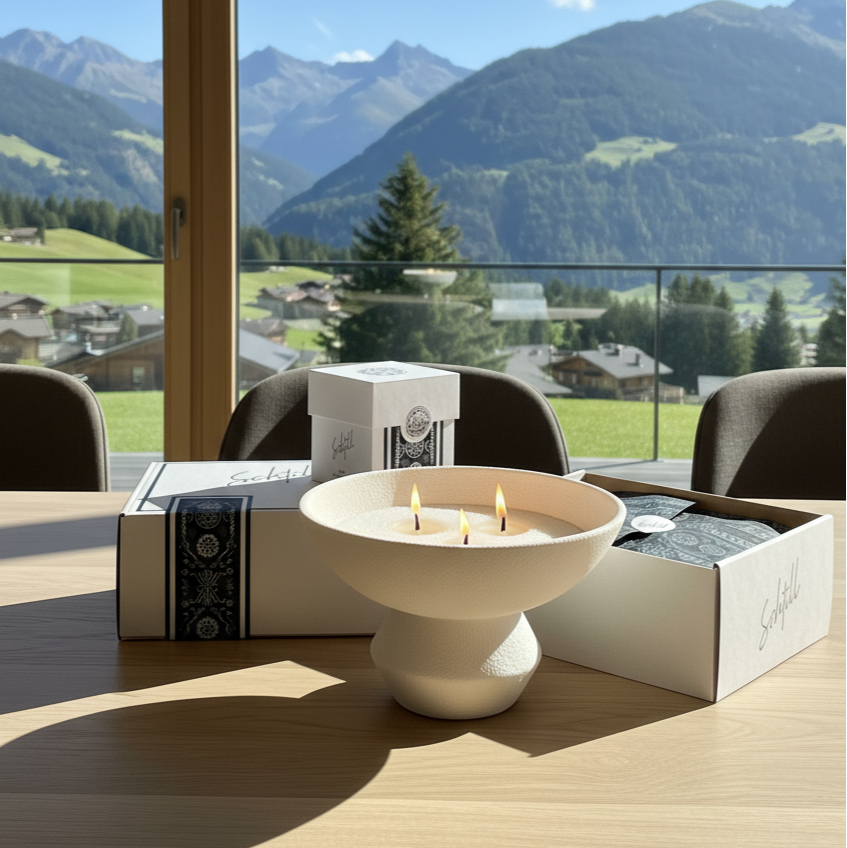 Kerzenschnee Geschenkbox mit Dochten und Karte, nachhaltig verpackt in der Schweiz