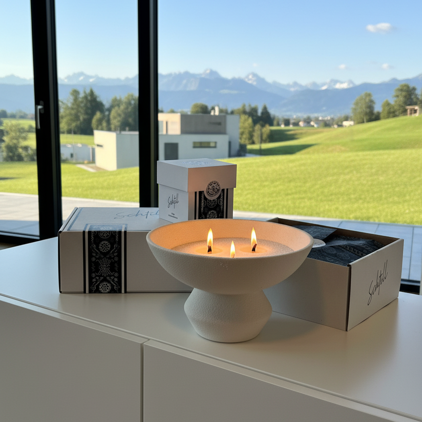 Kerzenschnee Geschenkbox mit Dochten und Karte, nachhaltig verpackt in der Schweiz