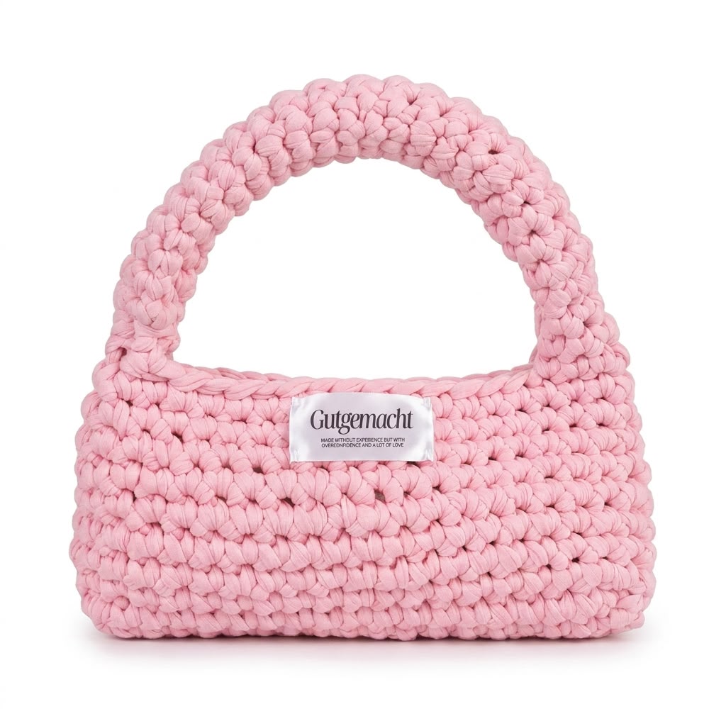 Rosa handgemachte Clutch mit Griff – einzigartige gehäkelte Tasche aus der Schweiz von Gutgemacht