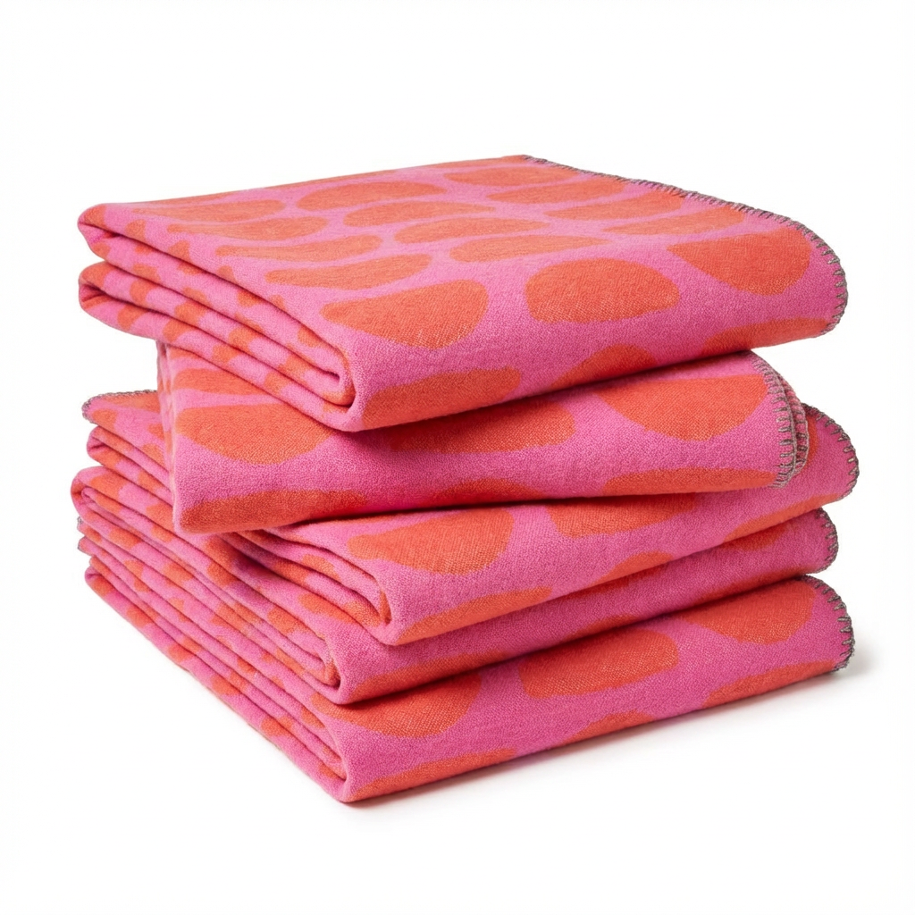 Gefaltete Baumwolldecke Halbmond in Pink und Orange – leichte Kuscheldecke für Sofa und Terrasse – Schtill