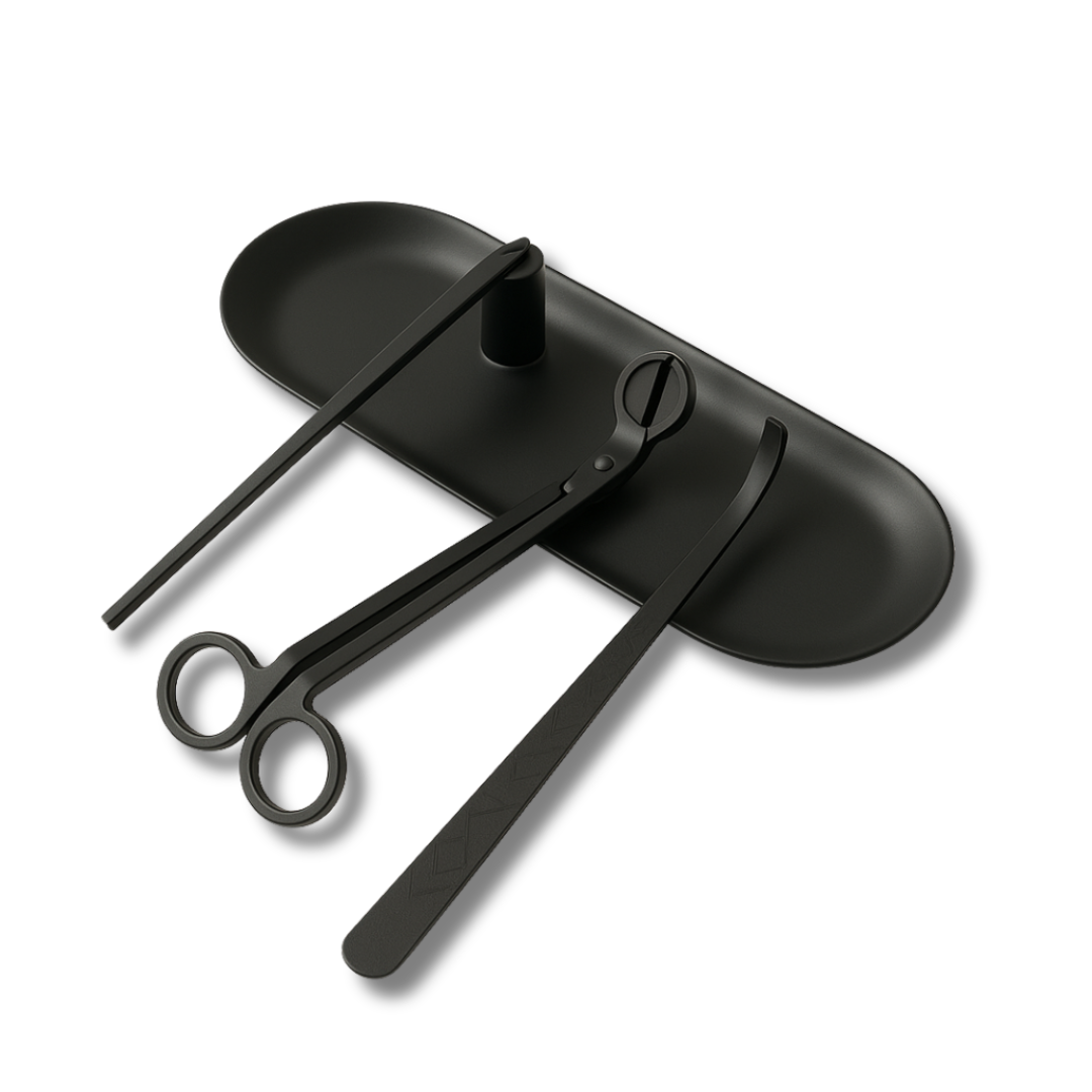 Kerzenpflege Set aus schwarzem Edelstahl für Kerzensand und Kerzenschnee – Dochtschere, Dochtheber und Löscher von Schtill Schweiz
