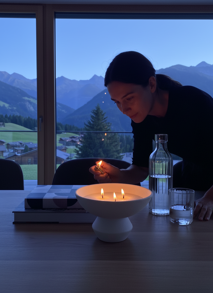 Kerzenschnee und Kerzensand Kerze mit mehreren Flammen in Designschale – Person zündet Kerze am Abend an, ruhige Stimmung mit Bergblick im Hintergrund
