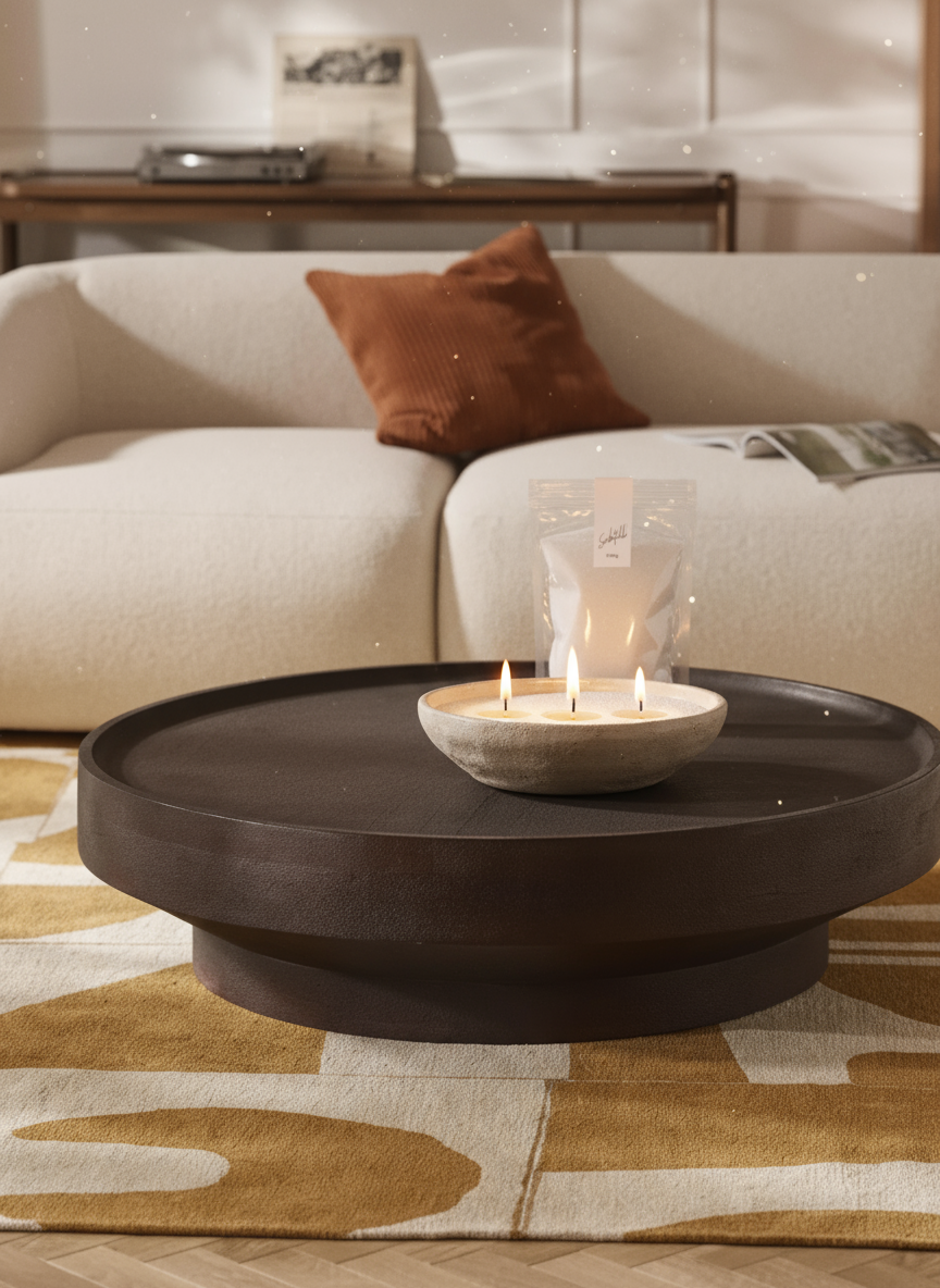 Kerzenschnee und Kerzensand Kerze mit drei Flammen in Schale auf Couchtisch – Nachfüllpack im Hintergrund, warme und ruhige Wohnatmosphäre
