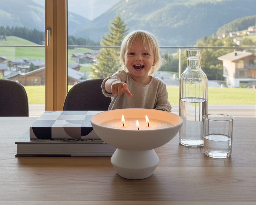 Kerzenschnee und Kerzensand Kerze mit drei Flammen in Designschale – Kleinkind zeigt begeistert auf die Kerze, warme familiäre Wohnatmosphäre mit Bergblick
