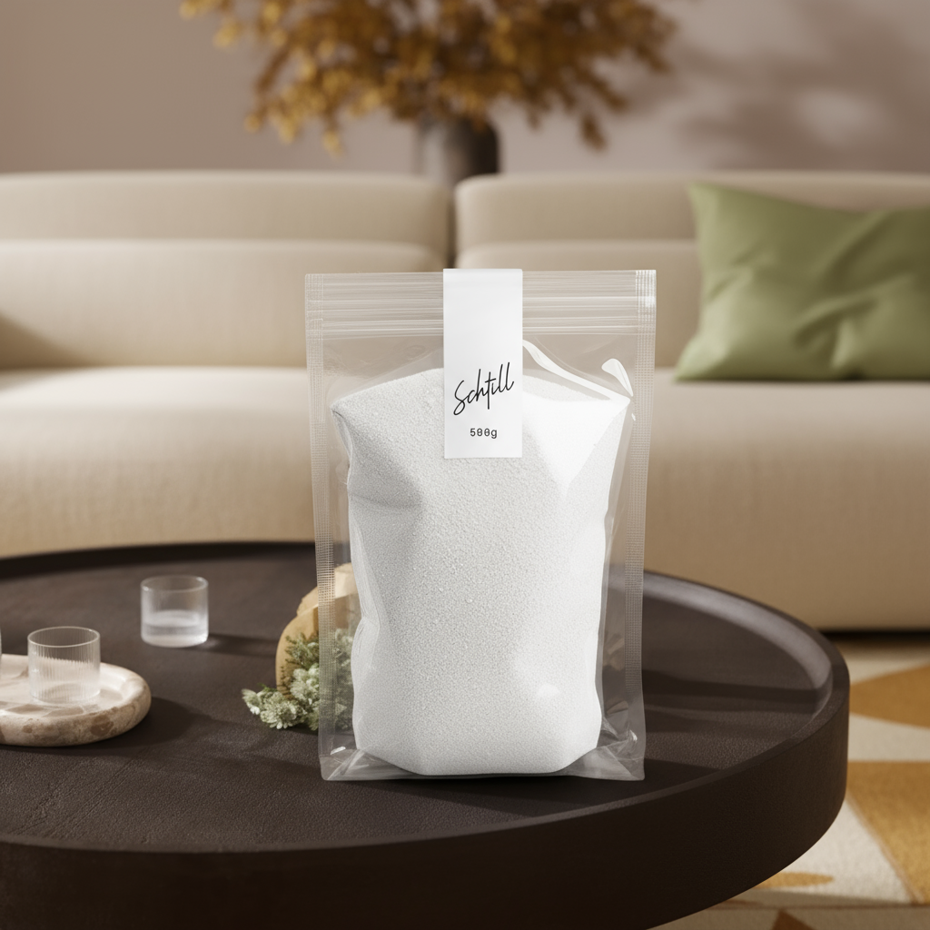 Kerzenschnee und Kerzensand Nachfüllpack 500 g im Beutel – minimalistisches Produkt im Wohnraum auf Couchtisch von Schtill
