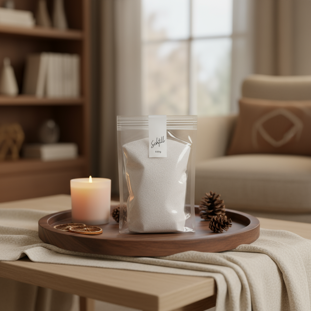 Kerzenschnee und Kerzensand Nachfüllpack im Beutel auf Holztablett – stimmungsvolle Wohnszene mit Kerze, Tannenzapfen und warmem Interior von Schtill
