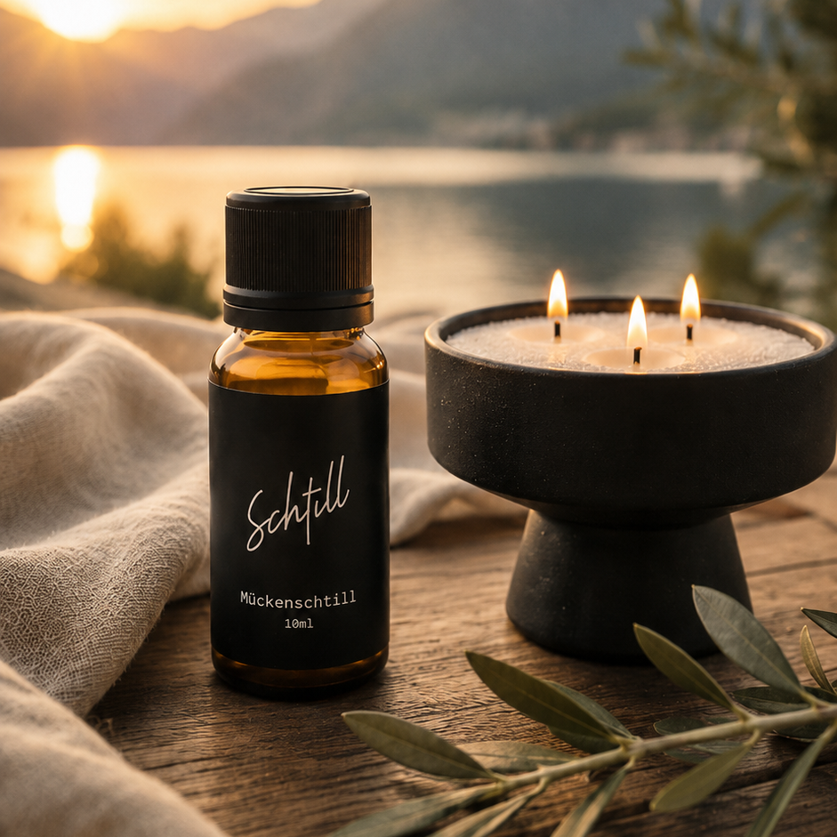 Mückenschtill 10 ml neben Kerzenschnee in schwarzer Keramikschale am See bei Sonnenuntergang – stilvolle Citronella-Kerze für Garten, Terrasse und Balkon aus der Schweiz.