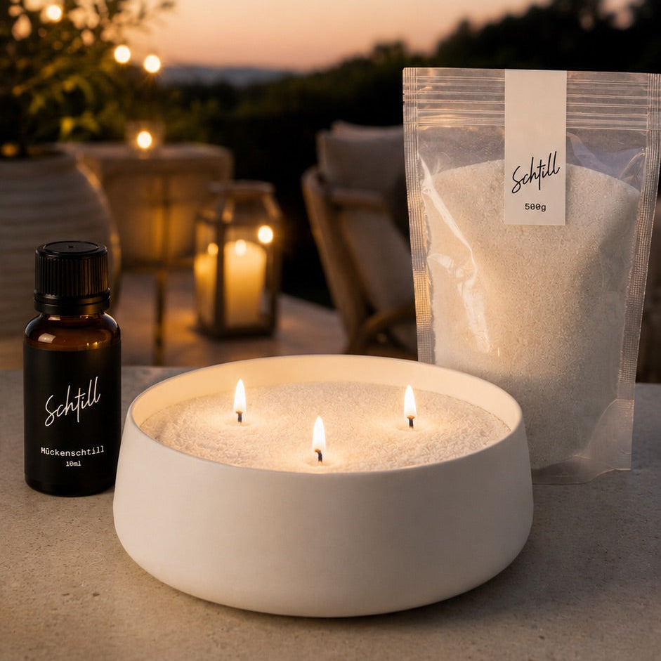 Sommer-Set mit Mückenschtill, Kerzenschnee und Keramikschale – natürliche Citronella-Kerze für Garten, Terrasse, Camping und Balkon in der Schweiz.