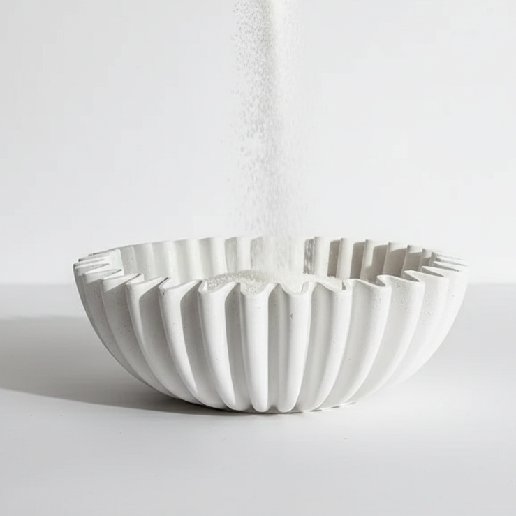 Weisse Resin Schale im Fächerdesign als Kerzenschale für Kerzensand und Kerzenschnee – zeitloses Wohnaccessoire
