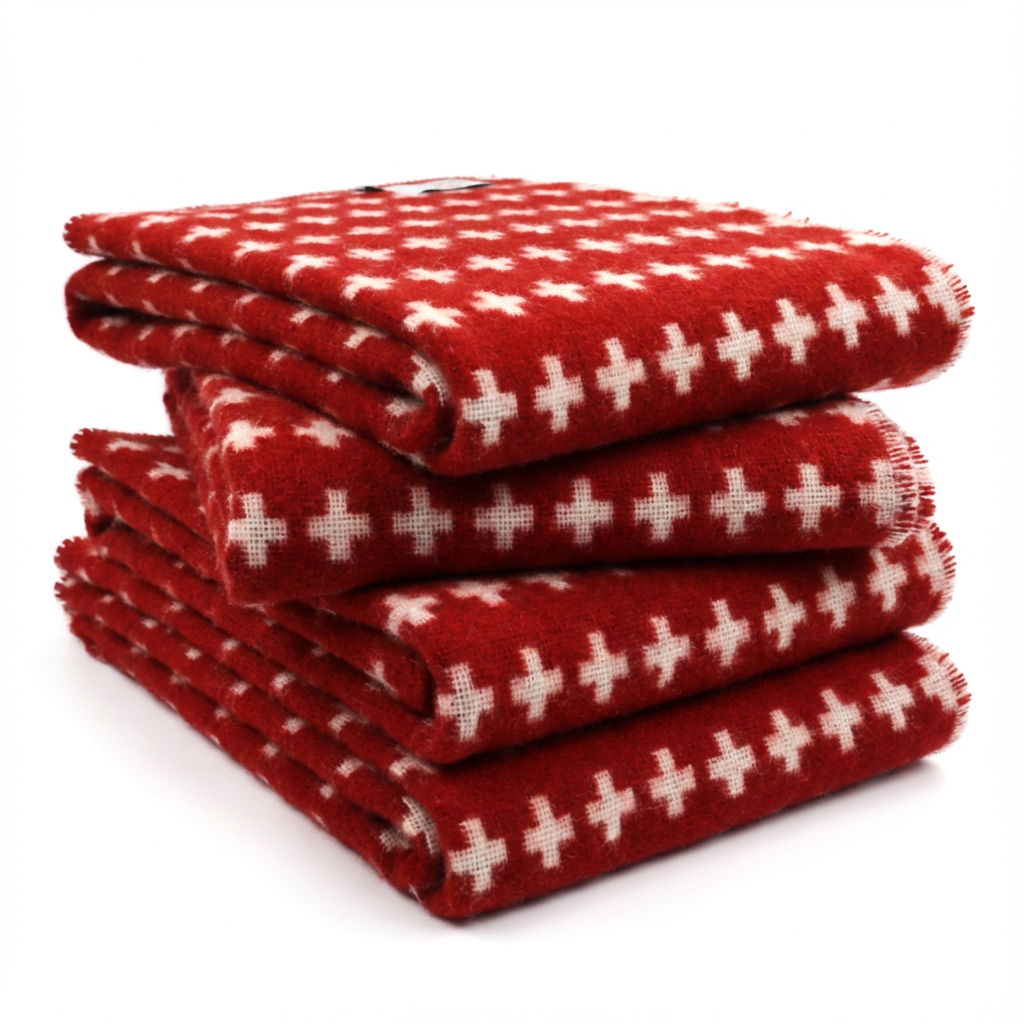 Gefaltete Wolldecke Helvetia aus Pure New Wool – klassische Wohndecke mit Schweizer Kreuz für draussen – Schtill