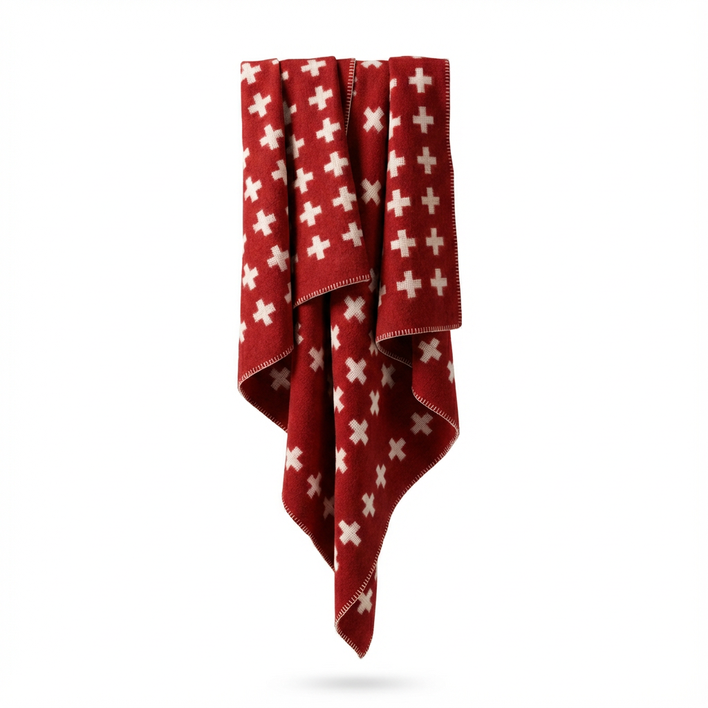Hängende Wolldecke Helvetia aus reiner Schurwolle mit Schweizer Kreuz Design in Rot und Creme – Schtill Schweiz